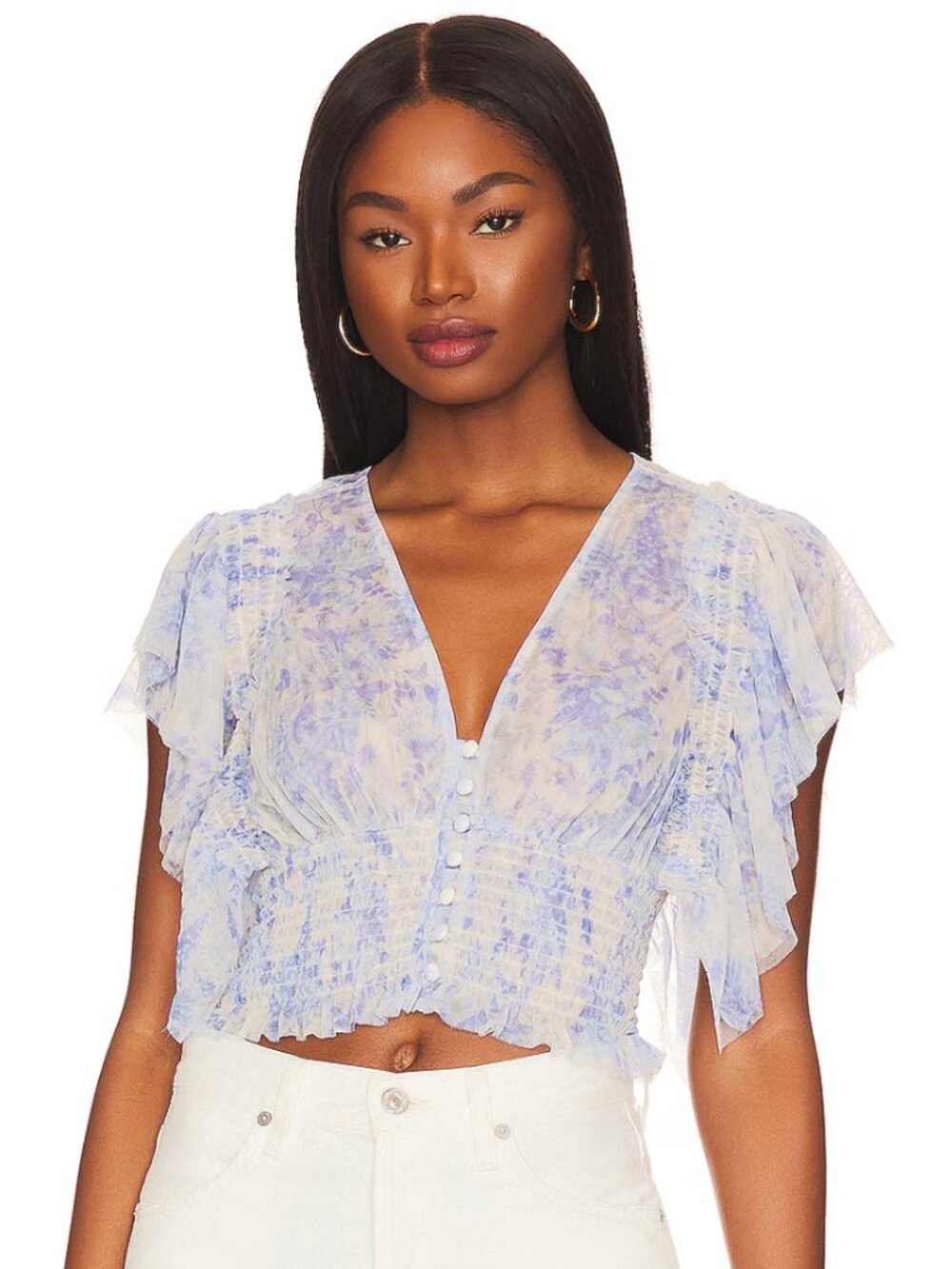 Free People Sugar Top Blue Floral Sheer Ruffle Crop Boho‎ Romantic Blouse M